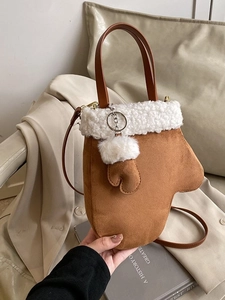 Kreative Fäustlingsform Umhängetasche Mattiertes PU-Leder Kunstpelzbesatz Pompon-Anhänger Herbst Winter Handtasche Damen