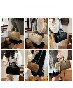 Detailed views of versatile Boston bag in black, brown, and beige worn by a model in a cafe
