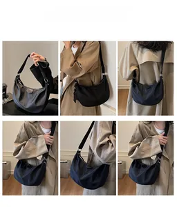 Collage of model carrying a casual black crescent bag in various angles with trench coat