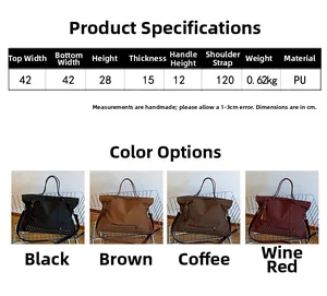 Detailed size chart and dimensions of the large capacity vintage tote bag with PU material