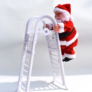 Side view of electric climbing Santa Claus doll on white ladder for Christmas decor