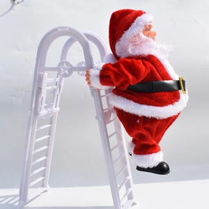 Detailed side view of electric climbing Santa Claus doll on a white plastic ladder