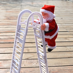 Detail of electric climbing Santa Claus doll on double white ladder for Christmas decoration