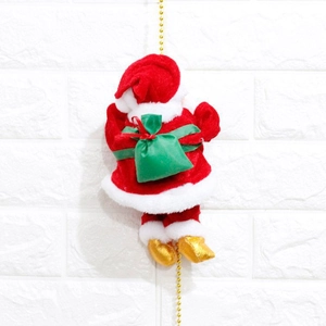 Close-up of animated Santa Claus climbing gold bead chain with green gift bag detail