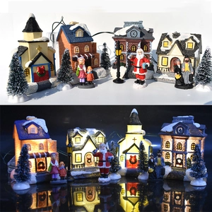 Christmas Village House Miniature LED Luminous Resin Snow Village Scene With Santa Trees Lamp Desktop Decoration Holiday Gift