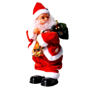 Dettaglio di Babbo Natale giocattolo con sacco regalo verde e pulsante di accensione on off