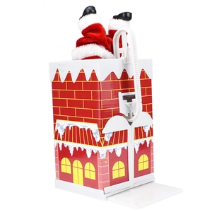 Detail view of electric Santa Claus climbing a red brick chimney with white snow decor