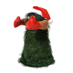 Animated musical Christmas tree plush with Santa hat and red mittens for festive decor