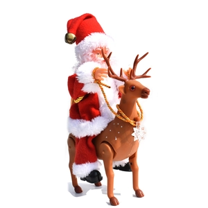 Animated Santa Claus riding a reindeer toy with golden bells and snowflake charm decoration