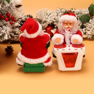 Detailed views of electric musical Santa Claus drumming toys with Christmas decorations