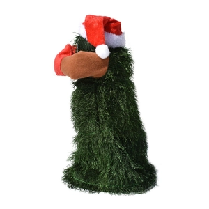 Rear view of dancing Christmas tree toy with red hat and fuzzy green texture detail