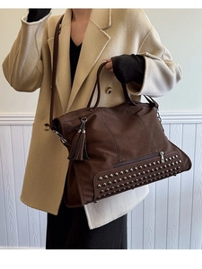 Vintage Large Capacity Tote Bag For Women Matte PU Leather Studded Handbag With Tassel Rivet Crossbody Shoulder Bag Office