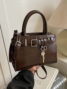 Women Glossy PU Leather Small Square Handbag Vintage Crossbody Bag With Belt Buckle And Key Charm Fashion Commuter Shoulder Bag