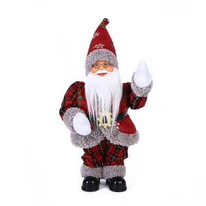 Close-up of electric singing Santa doll featuring plaid fabric and faux fur trim