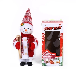 Ornamento di Natale Pupazzo di Neve Oscillante Musicale Elettrico Bambola di Peluche Luminosa Con Sci Cappello a Cuore Plaid