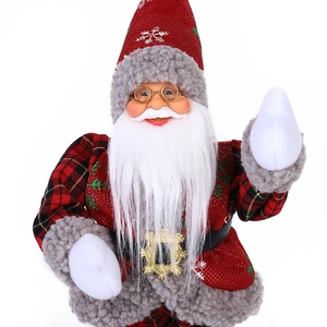 Close-up of electric Santa figurine with gold glasses and festive white beard
