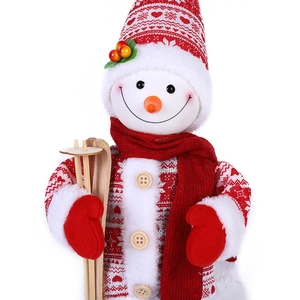 Pupazzo di neve elettrico musicale con abito rosso in maglia e sci in legno per Natale