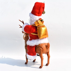 Animated Santa Claus riding a reindeer plush toy with a golden gift bag on white background