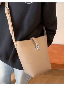 Women Minimalism Litchi Texture PU Leather Bucket Bag Silver Metal Lock Crossbody Shoulder Bag Casual Daily Handbag
