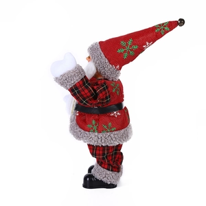 Detailed back view of a plush Santa Claus figure in red and black plaid holiday clothing