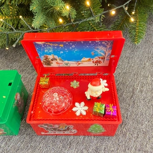 Detail of red musical Christmas box showing Santa Claus figure and LED light components