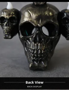 Macro back view of Halloween LED skull lamp with retro metallic finish and wiring