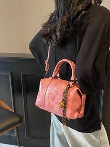 Chic rose pink embossed handbag for women with vintage PU leather and woven charm