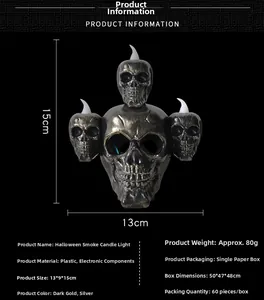 Detailed view of Halloween skull candle lamp with 15cm height and 13cm width dimensions