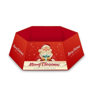 Red hexagonal Christmas tree skirt featuring Santa Claus illustration and snowflakes