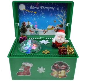Detail view of musical Christmas box featuring spinning Santa, LED lights and winter scene