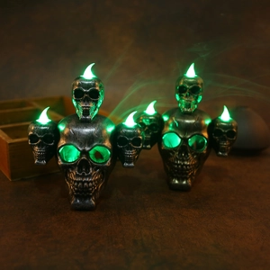 Plastic Halloween Skull LED Candle Lamp Gothic Backflow Incense Burner With Incense Cones Green Light Haunted House Decor