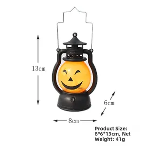 Halloween pumpkin lantern with LED light, black handle and smiling face decor, 8x6x13cm