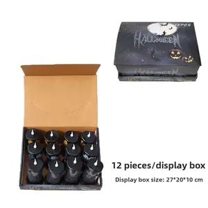 Halloween LED candle set detail featuring 12 black pillars and decorative storage box