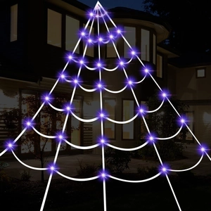 Outdoor Halloween triangle spider web with purple LED lights for garden yard decoration