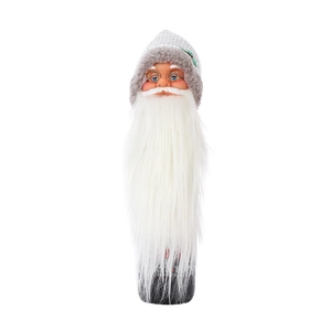 Detail of Santa Claus wine bottle cover with long white faux fur beard and knit hat
