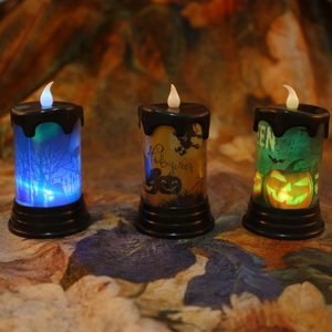 Tre candele LED di Halloween con motivi spettrali e fiamme realistiche