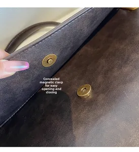 Detail view of the deep brown leather backpack featuring a hidden magnetic closure