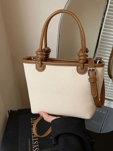 Sac Fourre-Tout Tissé Femmes Avec Poignée À Nœud En Cuir PU Sac À Bandoulière Seau Bloc De Couleur Petit Sac À Main De Vacances