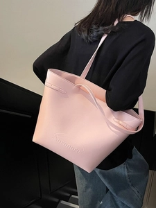 Pink large capacity leather tote bag with embossed Noronoro logo for stylish women