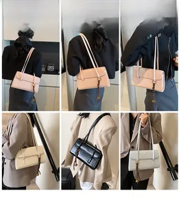 Collage of chic oil-wax leather shoulder bags in pink, beige, black, and blue on models