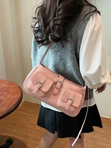 Rosa minimalistische PU-Leder Schultertasche mit dekorativen Schnallentaschen für Damen