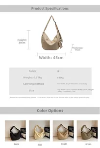 Detailed size specifications for large canvas crossbody bag with 45cm width and 30cm height