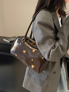 Retro Glossy PU Leather Underarm Shoulder Bag For Women Heart Rhinestone Rivet Decor Casual Large Capacity Travel Tote Bag