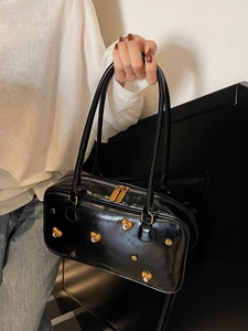 Retro black leather shoulder bag with gold heart rhinestones and double handles