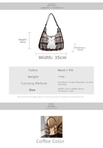 Detailed size guide for brown checkered tote bag with 35cm width and canine patch