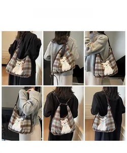 Detail view of large plaid tote bag with cute dog embroidery and versatile strap styles