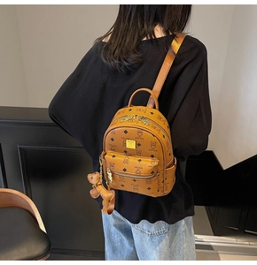 Close-up of brown mini backpack with teddy bear pattern and matching bear charm