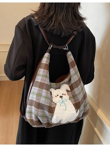 Retro Plaid Tote Bag Women Large Capacity Tweed Shoulder Bag With Cartoon Dog Patch Embroidery Casual Commuter Handbag