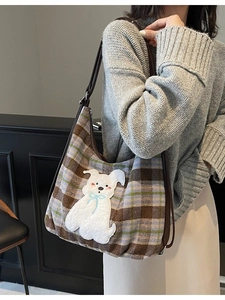 Retro plaid tote bag with cartoon dog patch and brown leather straps for autumn winter