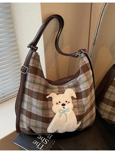 Retro plaid tote bag with plush puppy embroidery and adjustable brown leather strap